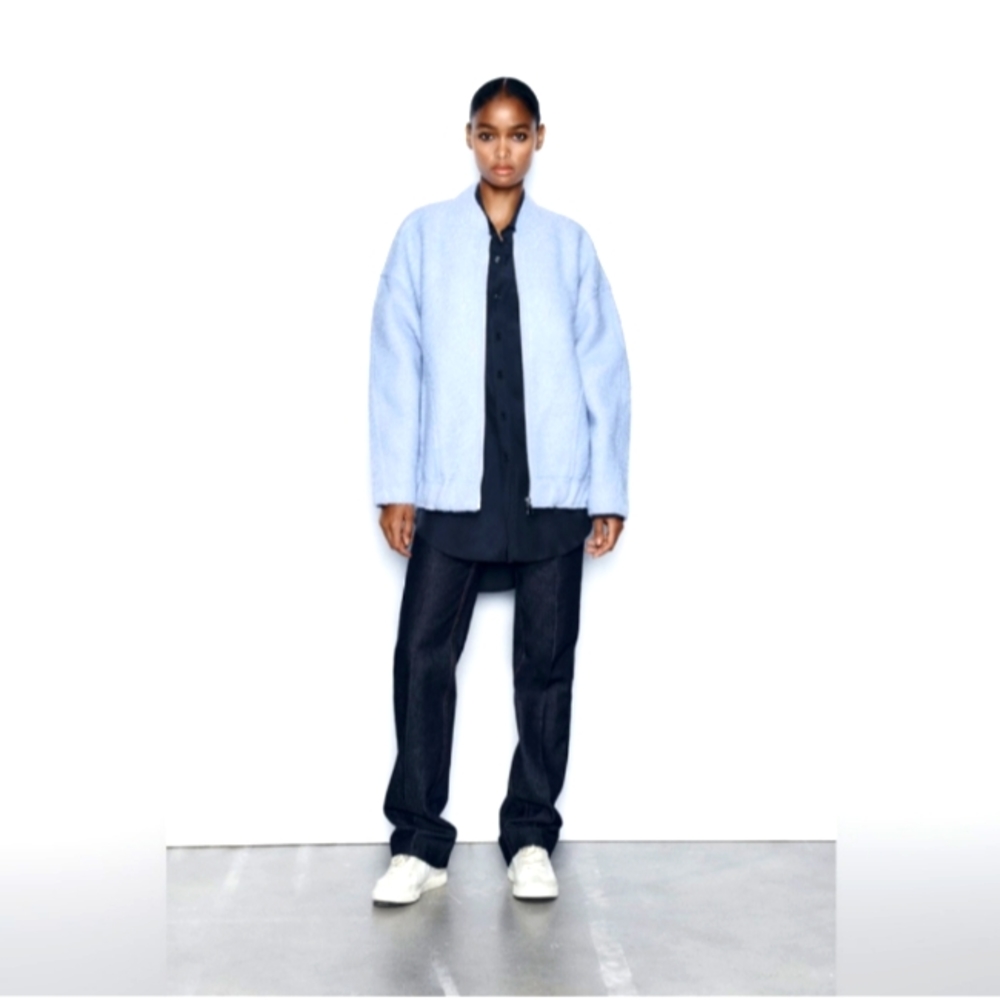 ZARA LIGHT BLUE BOMBER JACKET WITH FRONT ZIPPER
